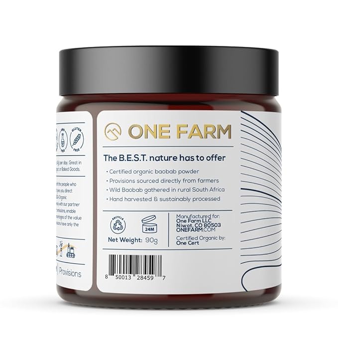 One Farm by WAAYB Organic Baobab Powder Non-GMO, Fair-Trade, Vegan, Gluten Free, Single Origin, 100% South African Baobab, Premium Quality in Resealable Jar