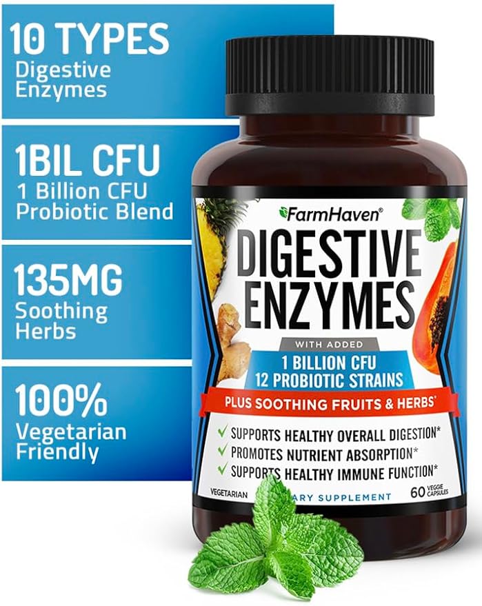 FarmHaven Digestive Enzymes with 18 Probiotics & Herbs | Papaya, Bromelain, Protease & More for Lactose Absorption & Better Digestion | Helps Bloating, Gas, Constipation | Vegetarian, 60 Capsules