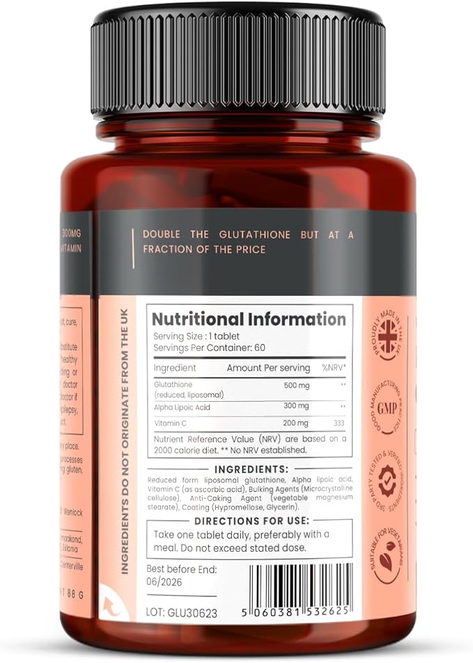 pureclinica Glutathione 1000mg – 120 Tablets (2 x 60) | High Strength with 500mg Glutathione, 300mg ALA, 200mg Vitamin C | Antioxidant & Detox Support, 1-a-Day