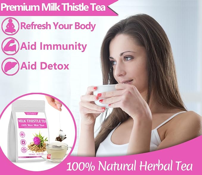 Premium 100 Milk Thistle Tea Bags, Made with 100% Wild Milk Thistle Seeds, for Liver Detox & No Additives & Caffeine Free.
