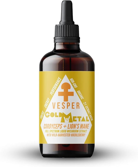 Vesper Gold Metal Mushroom Liquid Extract - Cordyceps & Lion’s Mane Blend with Wild Huckleberries for Neurogenesis, Performance, and Energy, USA-Grown, for Focus & Endurance – 4oz