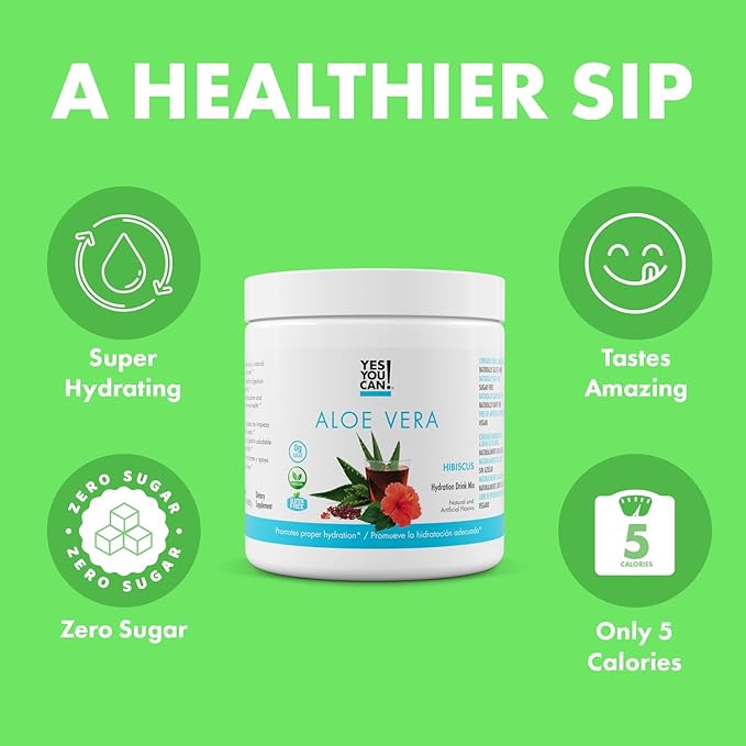 Yes You Can! Organic Aloe Vera Powder Drink Mix - Hydration Booster Infused with Pure Aloe Juice - Delicious Flavors - Made in USA - Antioxidant Rich - Hibiscus Flavor - 40 Servings