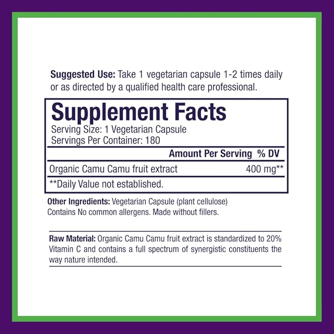 Paradise Herbs, Organic Camu Camu Extract, 400 mg, Rich in Vitamin C, Pure & Potent, Gluten Free, Non-GMO, Vegan, 180 Vegetarian Capsules