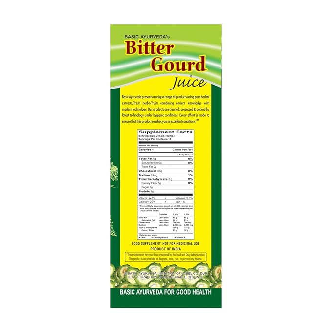 Basic Ayurveda Bitter Gourd Juice | Pure Karela Juice | 16.23 Fl Oz (480ml) | No Sugar & Artificial Colors Added