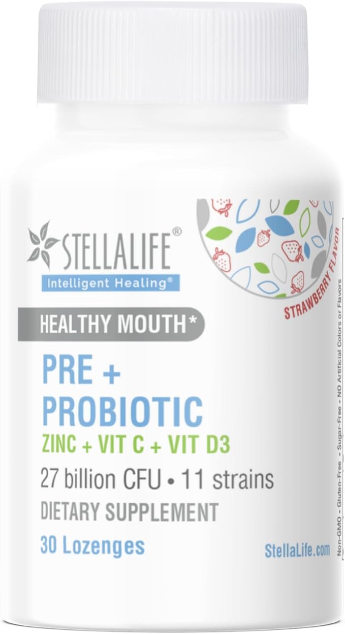 StellaLife Probiotics Oral PRE+PROBIOTICS LOZENGES: 27B CFU, 11 Strains, Dental Probiotics for Healthy Teeth/Gums, Bad Breath, VIT C & D, Zinc, Strawberry Flavor (30-Day Supply)