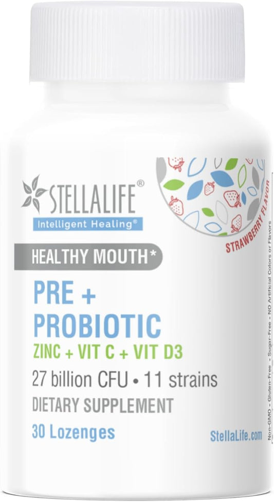 StellaLife Probiotics Oral PRE+PROBIOTICS LOZENGES: 27B CFU, 11 Strains, Dental Probiotics for Healthy Teeth/Gums, Bad Breath, VIT C & D, Zinc, Strawberry Flavor (30-Day Supply)