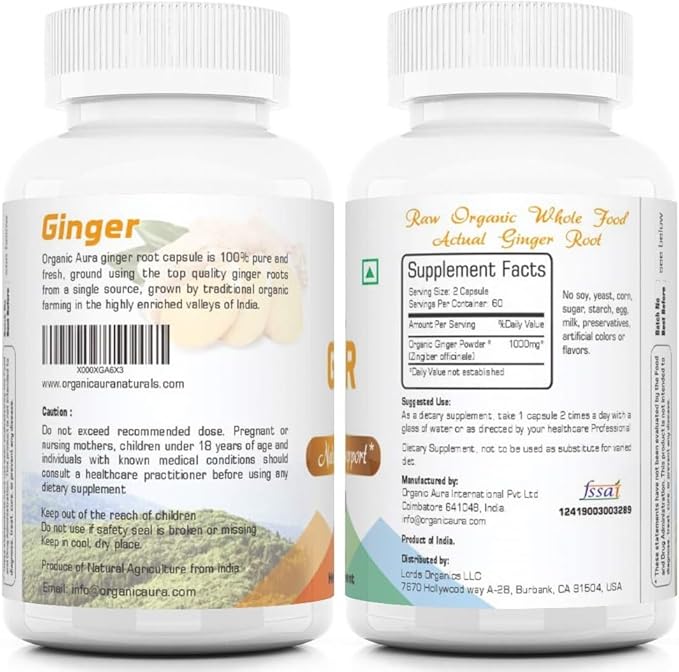 Organic Aura Ginger Capsules - 120 Veg Capsules. 2 Month Supply. Naturally Boosts Digestion, Relief Stomach Upset and Improves Immunity. No GMO and Gluten Free.