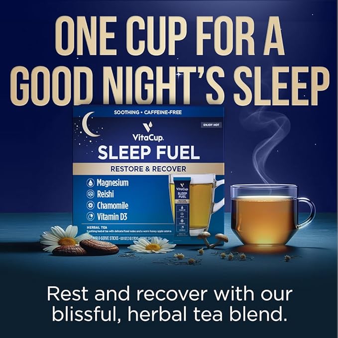 VitaCup Sleep Fuel Instant Tea Packets for Deep REM Sleep, Relax & De-Stress w/Chamomile, Magnesium, Vitamin D3, Coconut Water, Coconut Milk, Potassium, Calming for Full Body Relaxation, 24Ct