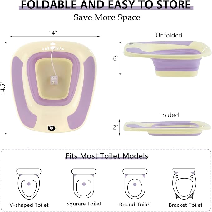 Electric Sitz Bath, Sitz Bath for Postpartum Care, Sitz Bath for Hemorrhoids, Sitz Bath for Toilet Seat, Sits Bath for Women Men Adults, Sitz Bath Soak Salts, Hip Bath Bowl, Collapsible, Purple