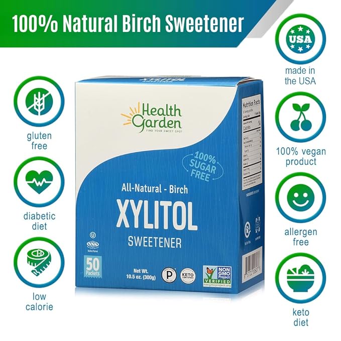 Health Garden Birch Xylitol Sweetener - 50 Packets - Pure Birch Xylitol - Non GMO, Kosher, and Made in the U.S.A. - Ideal Powdered Sugar Substitute - Non-GMO Sugar Alternative