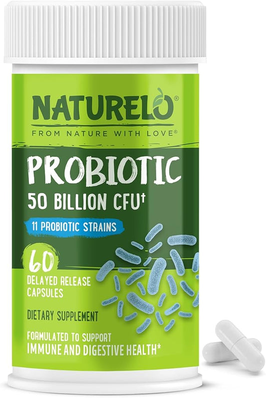 NATURELO Probiotics for Digestive Health - 50 Billion CFU, 11 Strains Daily Supplement - Boosts Immune System, Delayed Release, 60 Vegetarian Capsules