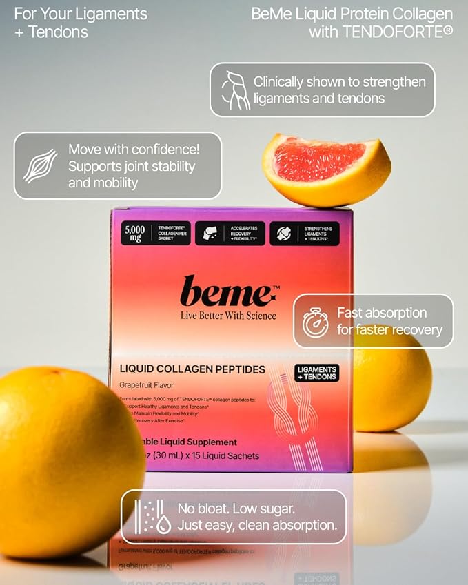 BeMe Liquid Collagen Peptides for Athletes - 5,000mg TENDOFORTE for Ligament & Tendon Strength - 2X Faster Absorption - Clinically Proven for Injury Prevention & Faster Recovery - Delicious Grapefuit