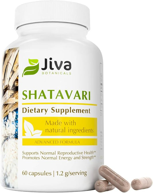 Jiva Botanicals Shatavari Supplement 1200mg - Shatavari Root Powder for Normal Hormonal Balance and Normal Energy Levels - Made in The USA - Non GMO, Vegan - 60 Capsules
