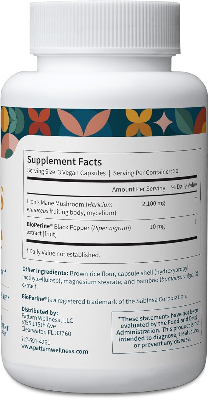Pattern Wellness Lion’s Mane Mushroom – Supplement Capsules for Cognitive & Focus Support – Enhanced Absorption – 90 Vegan Capsules