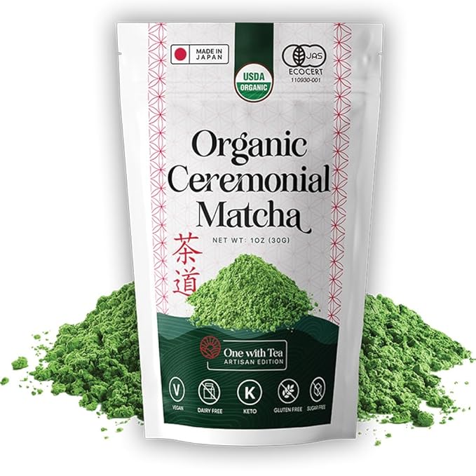 ONE WITH TEA Ceremonial Matcha Powder USDA Organic 1oz – Authentic Japanese Green Tea, Made in Japan | Perfect for Matcha Latte, Hot or Iced Drinks, Smoothies