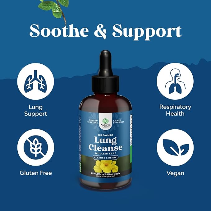 USDA Organic Mullein Drops for Lungs - Herbal Lung Detox & Cleanse with Marshmallow Root Extract & Plantain Leaf for Respiratory Lung Health - Mullein Leaf Tincture Drops for Breathing Support - 120ml