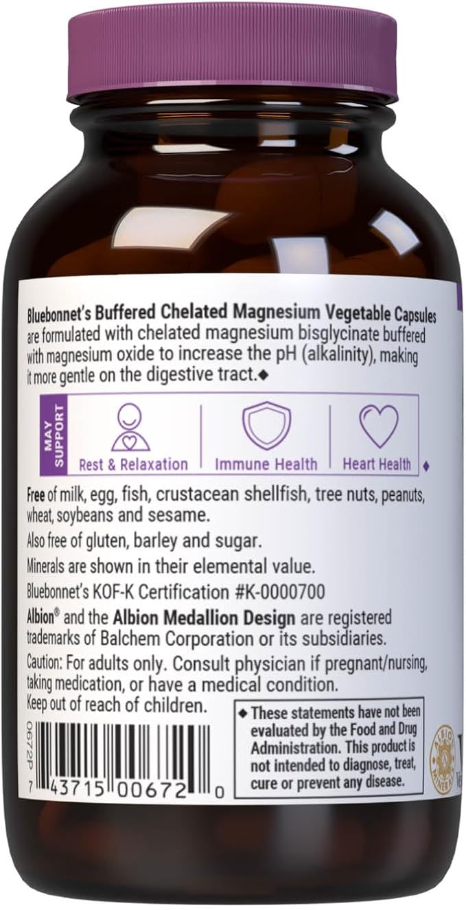 Bluebonnet Nutrition Albion Buffered Chelated Magnesium 200 mg, Magnesium Oxide, Stress Relief, Vegan, Non GMO, Gluten Free, Soy Free, Milk Free, Kosher, 60 Vegetable Capsules, 1 Month Supply