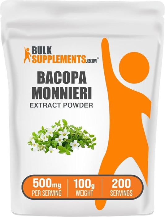 BulkSupplements.com Bacopa Extract Powder - Bacopa Monnieri Supplement, Herbal Supplement - Vegan & Gluten Free, 500mg per Serving, 100g (3.5 oz) (Pack of 1)