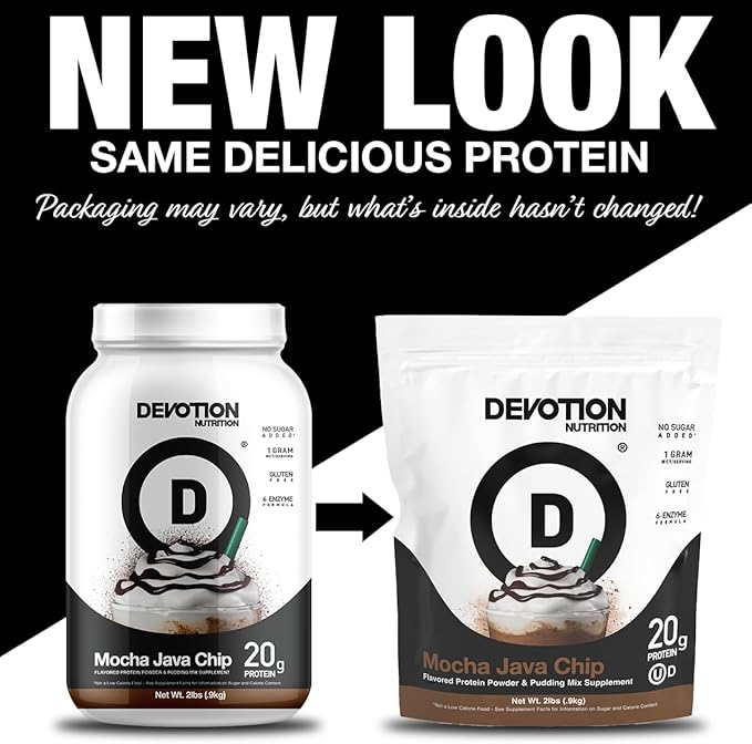 Devotion Nutrition Protein Powder Blend | Gluten Free, Keto Friendly, No Added Sugars | 1g MCT | 20g Whey & Micellar Protein | 2lb Tub (Mocha Java Chip)