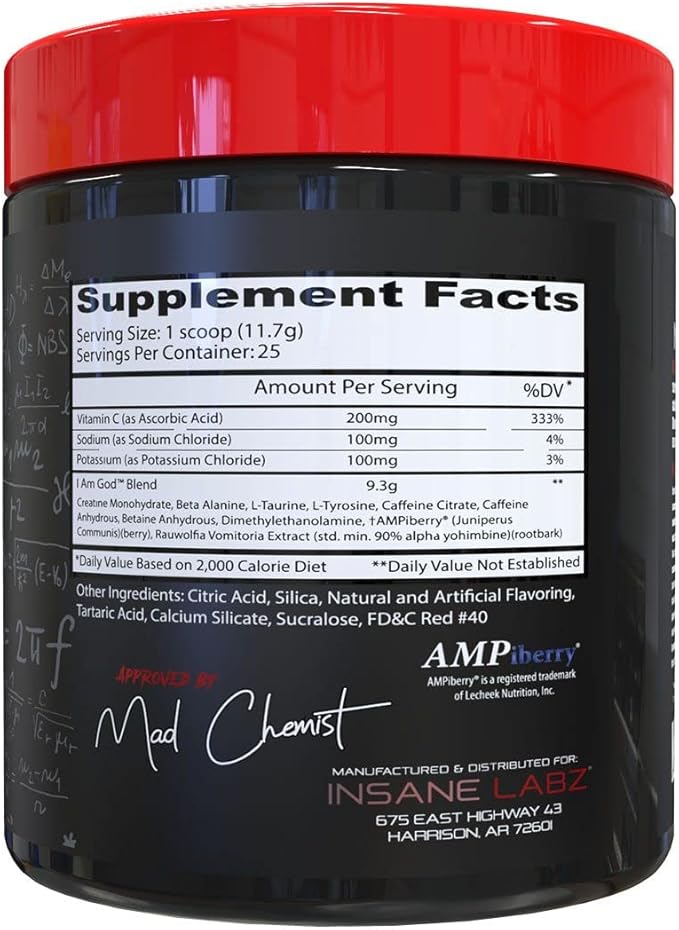 Insane Labz I am God Pre Workout, High Stim Pre Workout Powder Loaded with Creatine and DMAE Bitartrate Fueled by AMPiberry, Energy Focus Endurance Muscle Growth,25 Srvgs, Fruit Punch