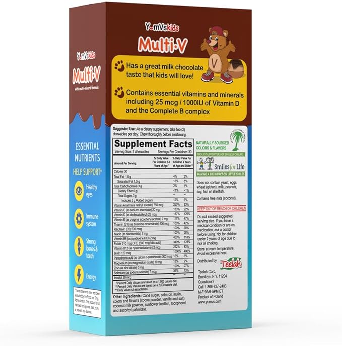 YUM-V'S - Kids Multivitamin Chewable Chocolate Bears - Multivitamin for Kids Supplement - 16 Vitamins & Minerals - Vitamins Including D, Zinc, C, B Complex & More, 60 Count Pack of 1