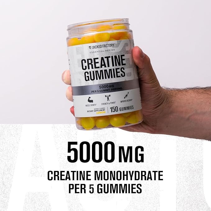 Jacked Factory Creatine Monohydrate Gummies 5g Daily Dose (1g per Gummy) - Creatine Gummy for Men and Women, Vegan-Friendly, Travel-Friendly, Third-Party Tested - 150 Gummies, Lemon