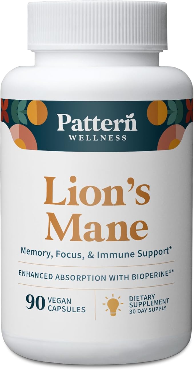 Pattern Wellness Lion’s Mane Mushroom – Supplement Capsules for Cognitive & Focus Support – Enhanced Absorption – 90 Vegan Capsules