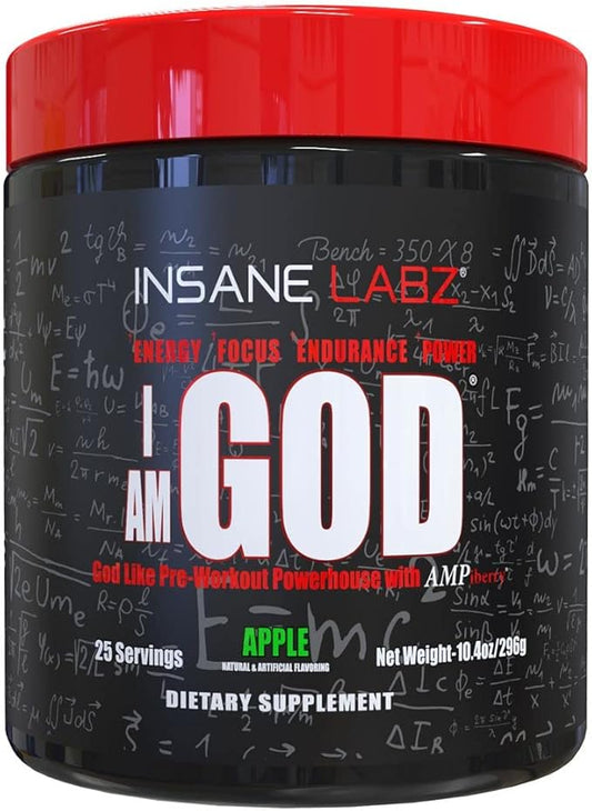 Insane Labz I am God Pre Workout, High Stim Pre Workout Powder Loaded with Creatine and DMAE Bitartrate Fueled by AMPiberry, Energy Focus Endurance Muscle Growth,25 Srvgs, Apple