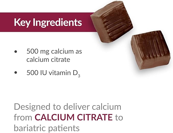 Bariatric Advantage Calcium Citrate Chewy Bites 500 mg - Highly Absorbable & Digestible - Vitamin D3 - Easily Chewable Calcium Supplement - Chocolate Flavor - 90 Count