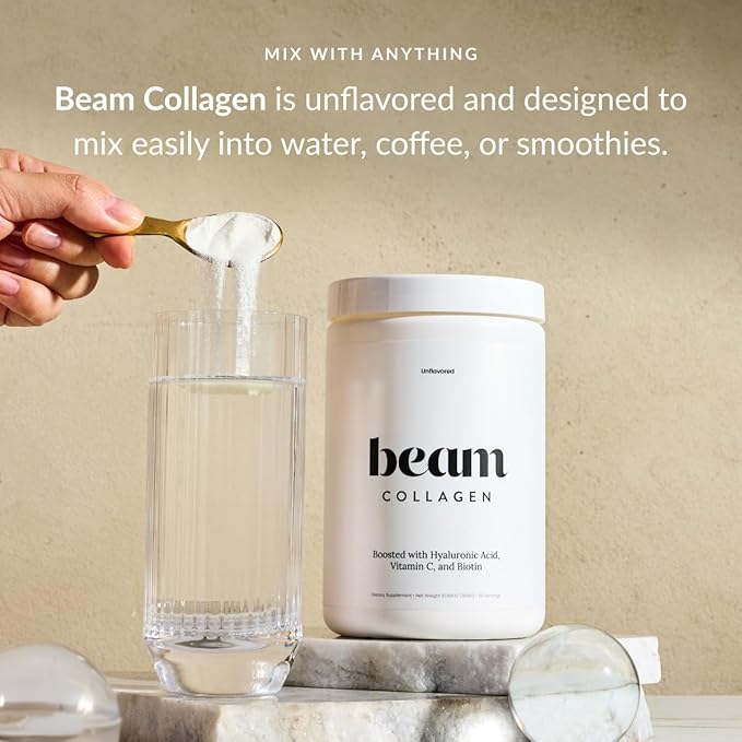 Beam Collagen Powder, Collagen for Women, Collagen with Hyaluronic Acid, Collagen Peptides Type 1 and 3, with Biotin, Grass Fed Bovine, Third-Party Tested, Best for Coffee, Vitamin C, 15 Servings