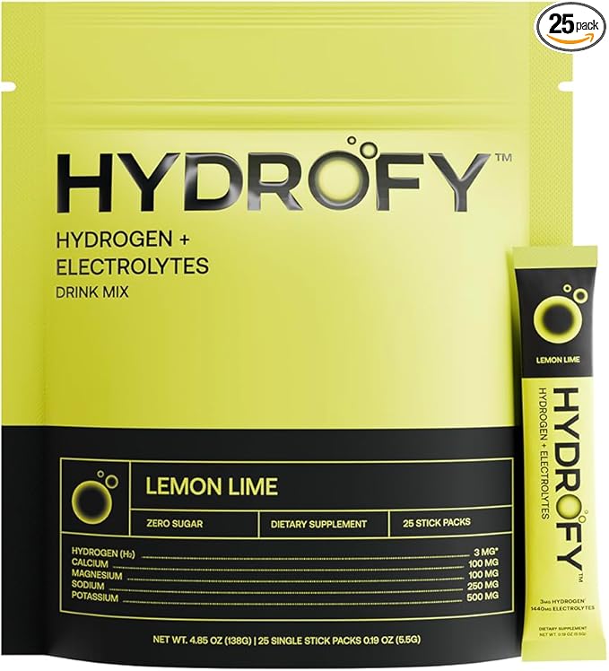 Hydrogen Water + Electrolytes Drink Mix | H2 Hydration Packets with Molecular Hydrogen, Sodium, Potassium, Magnesium, Calcium, and Minerals | No Sugar | Lemon Lime | 25 ct
