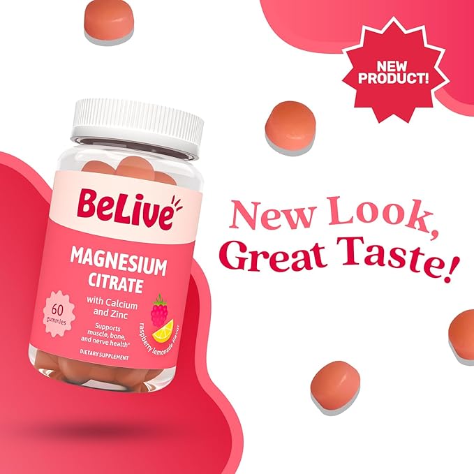 BeLive Magnesium Citrate Gummies with Calcium and Zinc for Adults and Kids - High Absorption Magnesium Supplement for Cognitive, Bone, Muscle and Nerve Health - Raspberry Lemonade - 120 Count