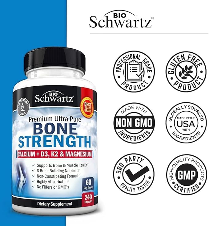 High Absorption Bone Strength Supplement - Gentle Non-Constipating Bone Health Supplement for Women & Men with 9-in-1 Complex with Calcium Magnesium Zinc D3 K2 & More - 3rd Party Tested - 2 Months