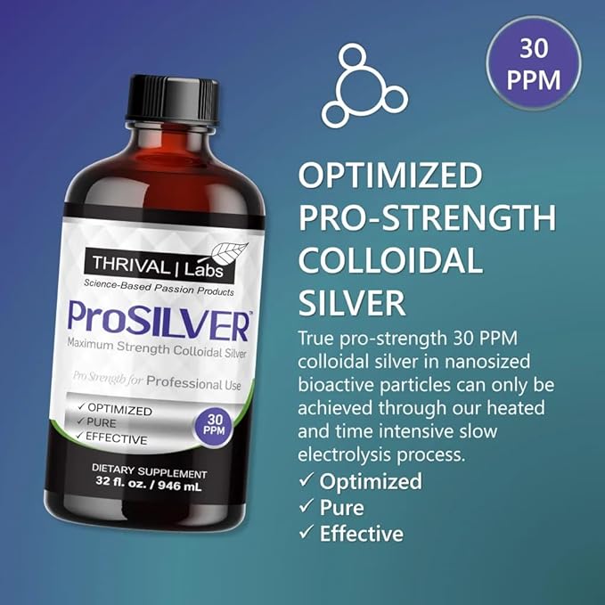 ProSILVER Black Label Pro-Strength Colloidal Silver for Immune Support, 30 PPM Maximum Strength for Professional Use, Dark Glass Bottle - Thrival Labs (16oz)