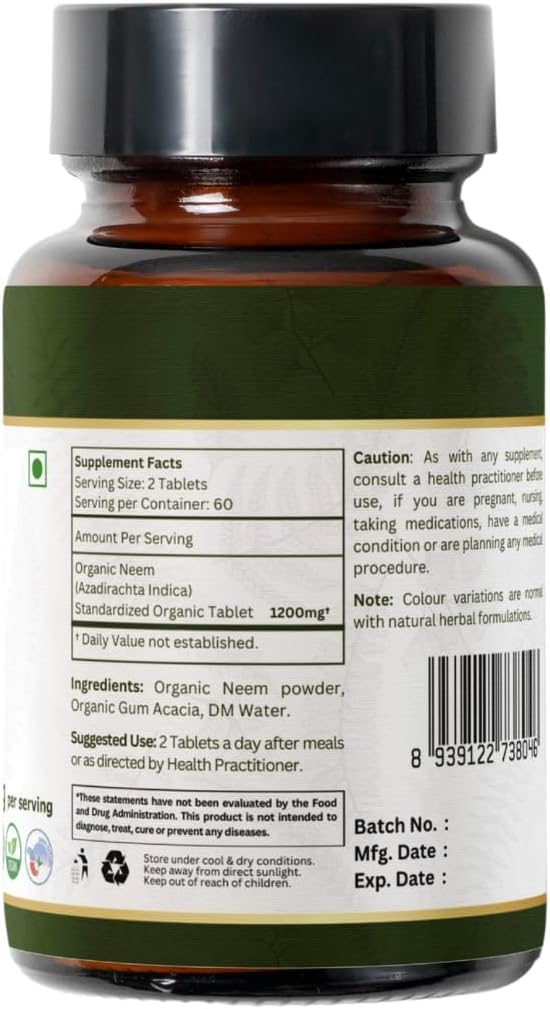 Neem 120 Tablets | Azadirachta Indica (Neem) | USDA Organic Certified | Healthy Skin and Detox | Dietary Supplement 120tab - Pack of 3