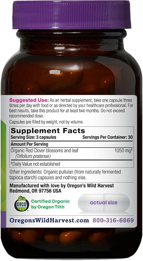Oregon's Wild Harvest Red Clover Capsules, Non-GMO Organic Herbal Supplements, 90 Count,Organic Red Clover Blossoms and Leaf (Trifolium pratense), Non-GMO Vegan Capsules and Nothing Else