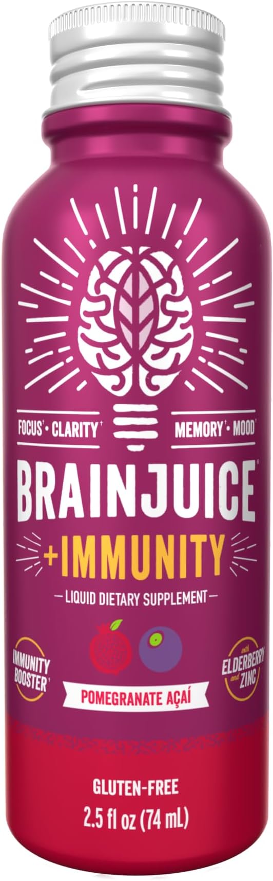 BrainJuice Brain and Immune Support Shot, Gluten Free Supplement Shots for Energy, Focus, Immunity with Vitamin D, C B, Alpha GPC & Organic Ginger Root, Pomegranate Acai, 2.5 fl oz, 12 Pack