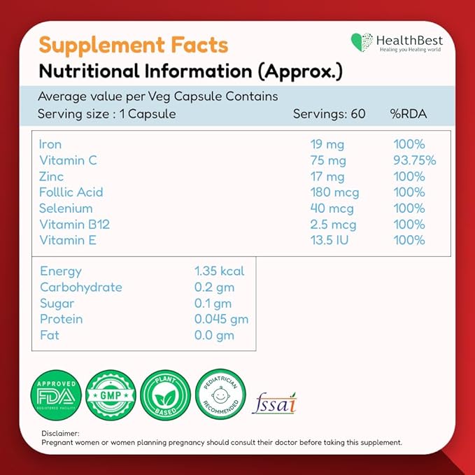 Haemobest Gentle Iron Power Capsules with Vitamin C - 60 Count - Boost Haemoglobin, Gentle on Stomachs - Non-Constipating Formula - Enhances Red Blood Cells Support