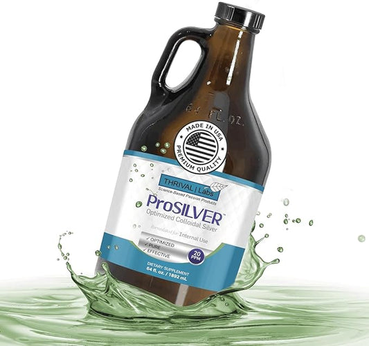 ProSILVER Blue Label 20 PPM Colloidal Silver Liquid, Optimized Bio-Active Nano-Sized Liquid Silver for Immune Support, Dark Glass Bottle - Thrival Labs (64oz)