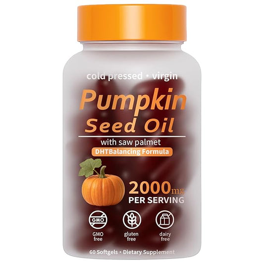 Pumpkin Seed Oil Capsules, 2 in 1 Pumpkin Seed Oil for Hair Growth, 2000mg Per Serving with Saw Palmetto, Cold Pressed, Supports Hair, Heart, Skin Herbal Supplement, Non-GMO, Gluten Free, 60 Softgels