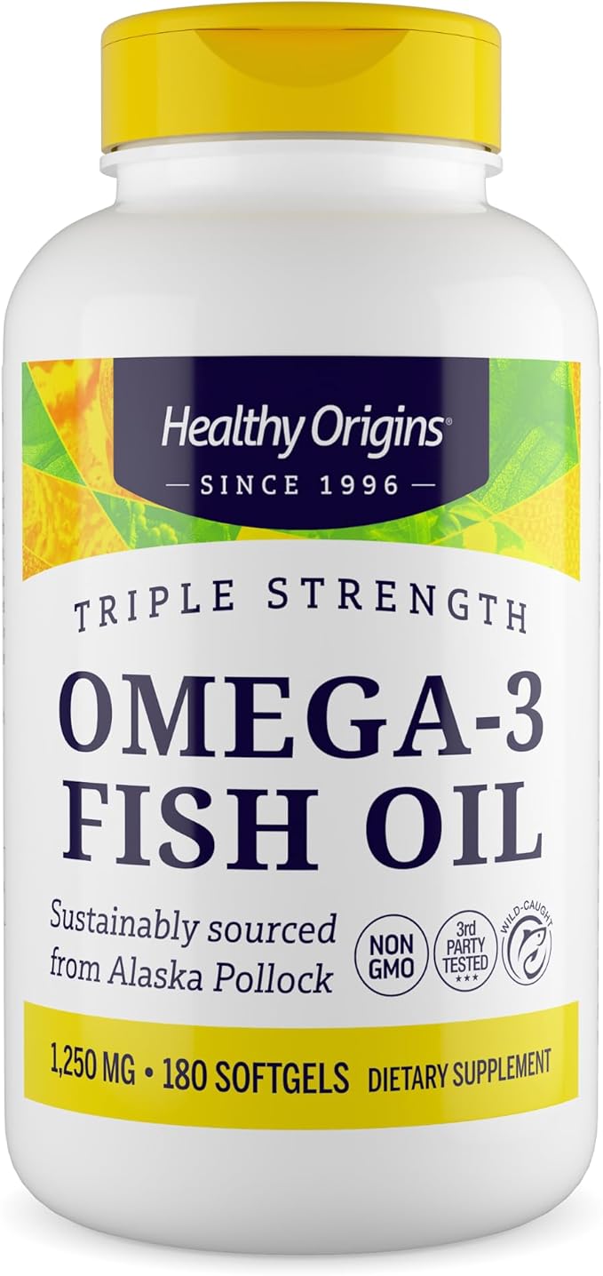 Healthy Origins Triple Strength Omega 3 Fish Oil 1250mg from Wild Alaska Pollock, with DHA, EPA & Omega 3s, Gluten-Free Non-GMO 180 Softgels
