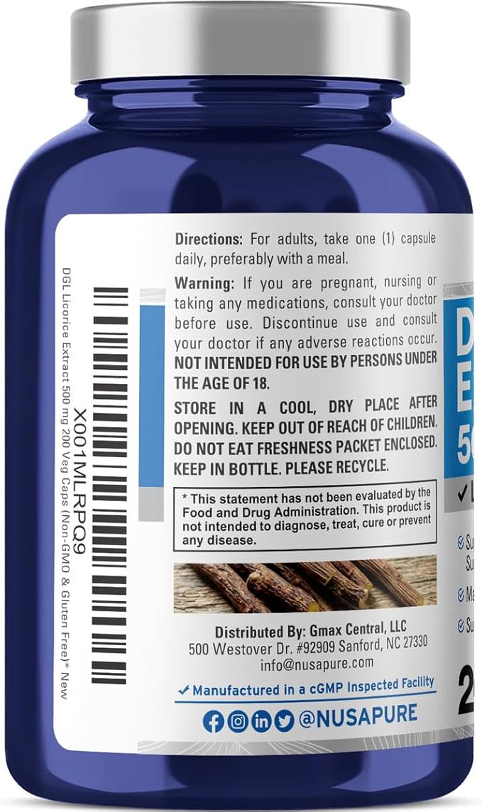 NusaPure DGL Licorice Extract 500 mg 200 Veggie Capsules (Vegan,Non-GMO)