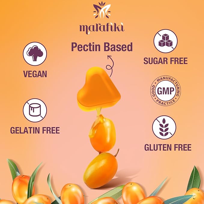 Omega-7 Sea Buckthorn Oil Gummies, Omega 3 6 7 9 Supplement for Women, Flaxseed Oil, Vitamins E, A & Probiotics - Skin, Eye & Dryness, Chamomile Flavor - 120 Gummies