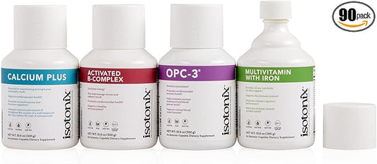 Isotonix Daily Essentials Kit with Iron – Multivitamin, Calcium, B-Complex, and OPC-3 for Overall Health, Energy, and Bone Support – 4-Piece Set – Easy-to-Absorb Liquid Supplements(90 ct)