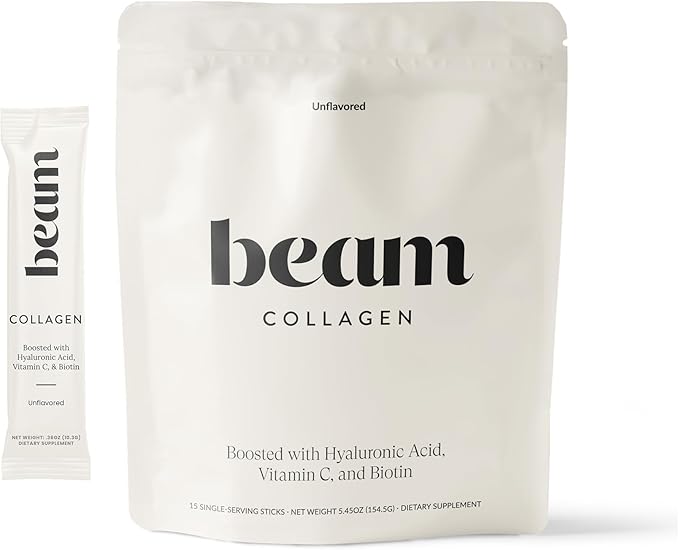 Beam Collagen Powder, Collagen for Women, Collagen with Hyaluronic Acid, Collagen Peptides Type 1 and 3, with Biotin, Grass Fed Bovine, Third-Party Tested, Best for Coffee, Vitamin C, 15 Servings