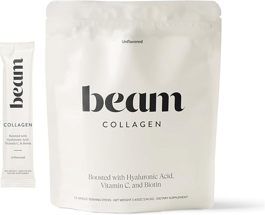Beam Collagen Powder, Collagen for Women, Collagen with Hyaluronic Acid, Collagen Peptides Type 1 and 3, with Biotin, Grass Fed Bovine, Third-Party Tested, Best for Coffee, Vitamin C, 15 Servings