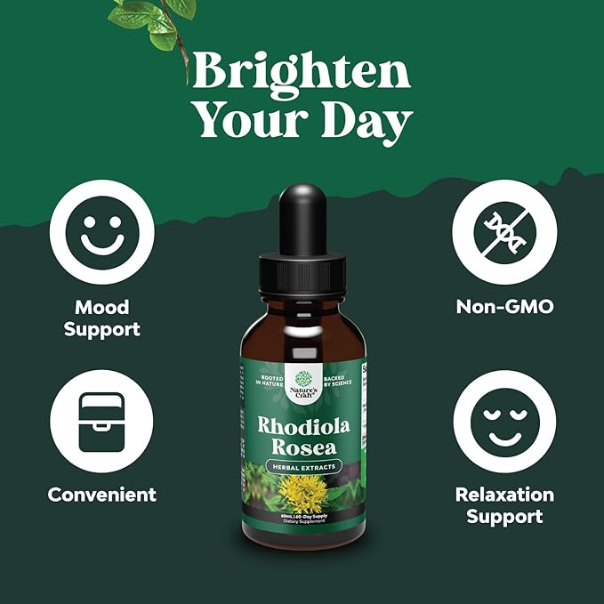 Natures Craft High Potency Rhodiola Rosea Tincture -Liquid Rhodiola Supplement for Stress Energy and Mood Support with 3% Salidrosides Rosea Extract - Vegan Non-GMO & Alcohol-Free (60 Servings)