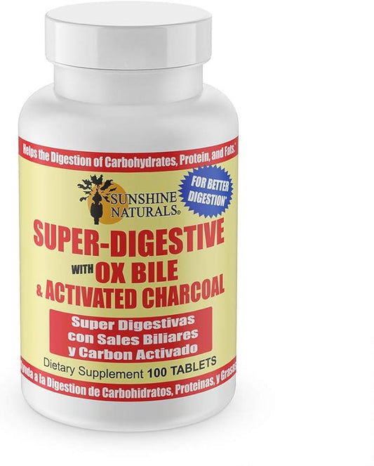 Super Digestive Supplement. Ox Bile & Activated Charcoal for Digestive Support, Bloating Relief, Gut Cleanse, Nutrient Absorption, and Promotes Overall Wellness. 100 Tablets.