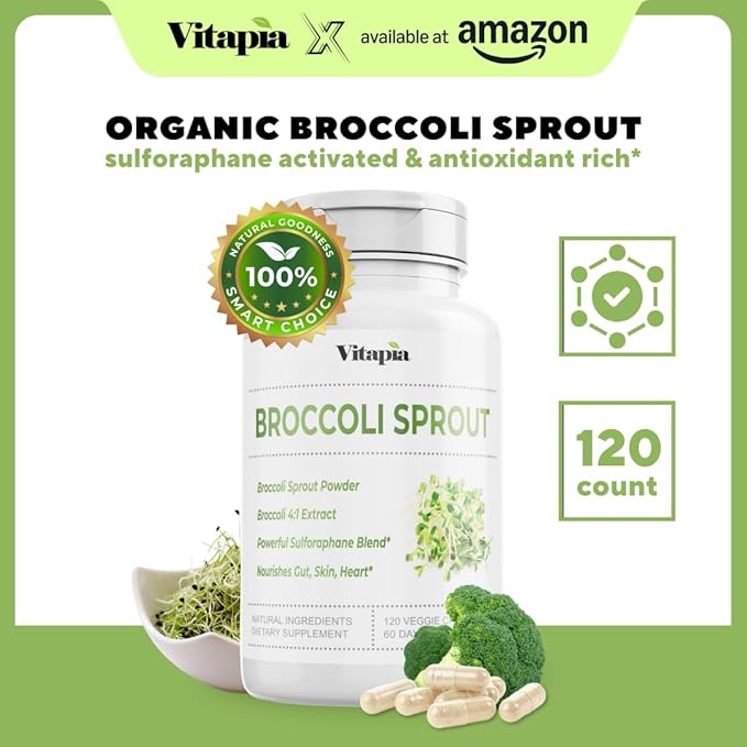 Organic Broccoli Sprout & Broccoli Extract for Sulforaphane, Antioxidant, Brain, Skin, Heart Health Support - 120 Veggie Capsules - Non-GMO, Gluten-Free, Vegan-Friendly Supplement