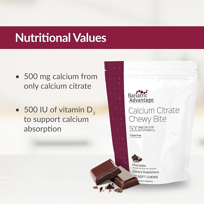 Bariatric Advantage Calcium Citrate Chewy Bites 500 mg - Highly Absorbable & Digestible - Vitamin D3 - Easily Chewable Calcium Supplement - Chocolate Flavor - 90 Count